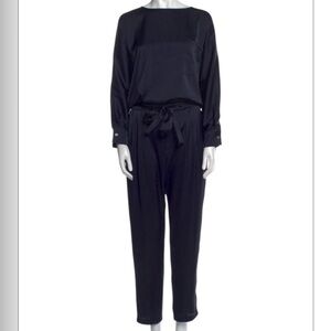 Overlover Satin Bateau Neck Tie Waist Jumpsuit Navy Blue M Pristine